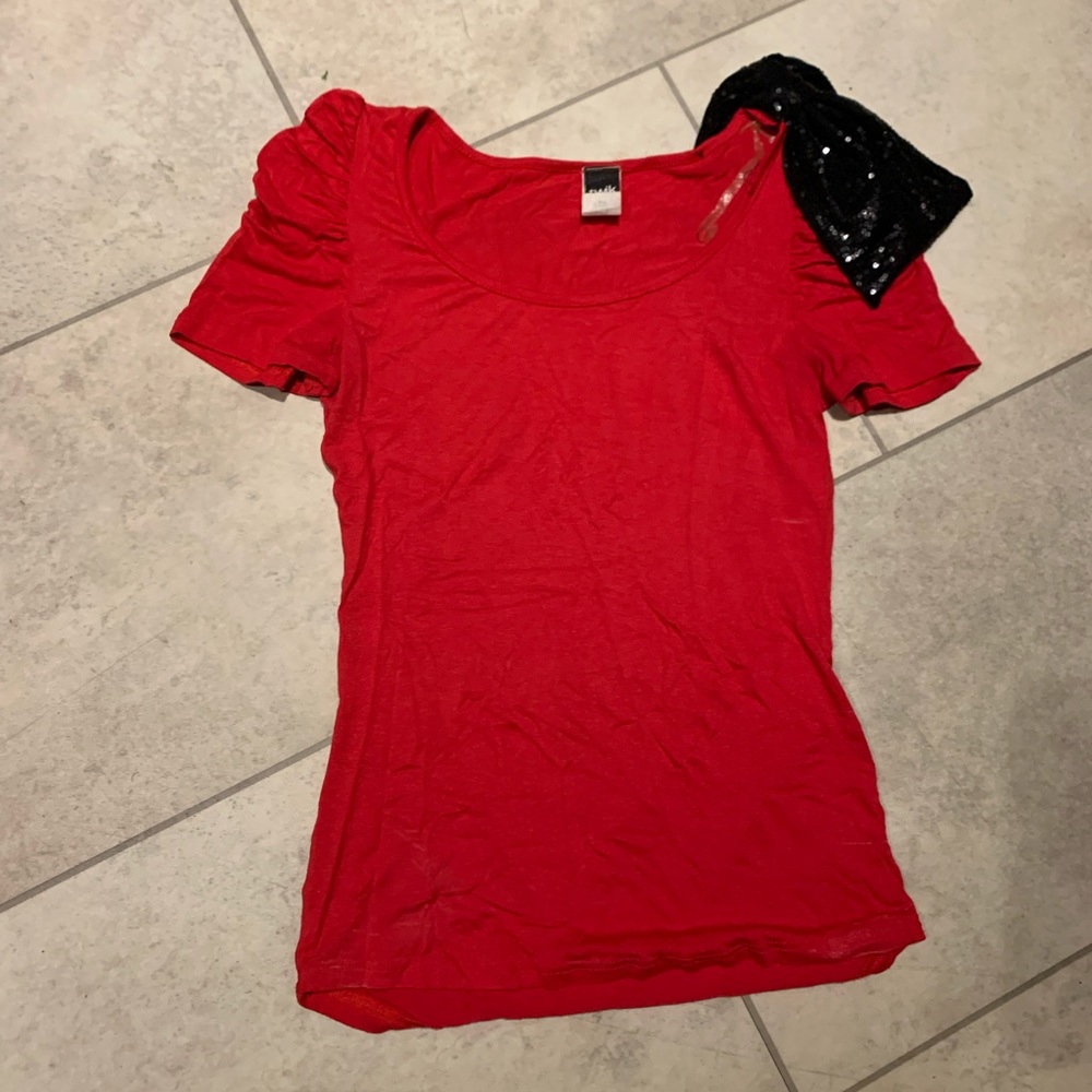 Red top with sequin bow
